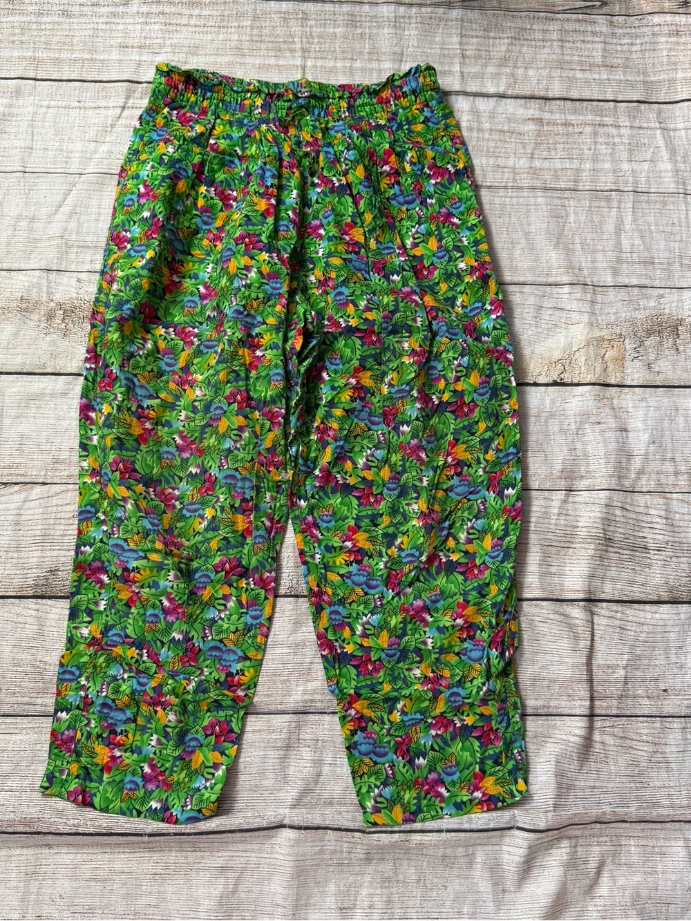 Vintage LizSport Green Floral 100% Cotton Elastic Pull On Casual Pants